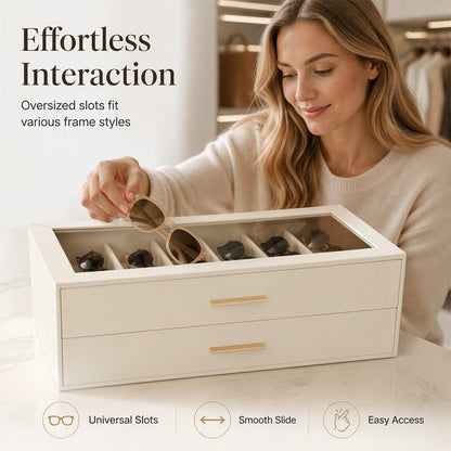 🕶️ 2-Tier Sunglasses Organizer Box with Transparent Glass Top – Display & Store 12 Glasses, PU Leather Eyewear Case with Lock, Dustproof for Home or Shop 🔒✨