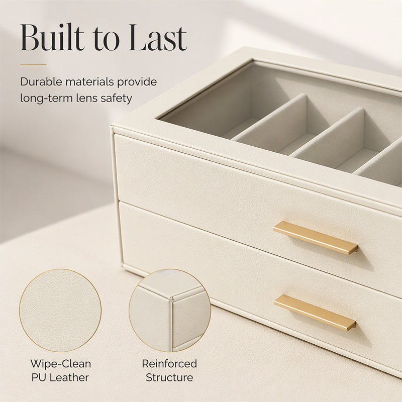 🕶️ 2-Tier Sunglasses Organizer Box with Transparent Glass Top – Display & Store 12 Glasses, PU Leather Eyewear Case with Lock, Dustproof for Home or Shop 🔒✨