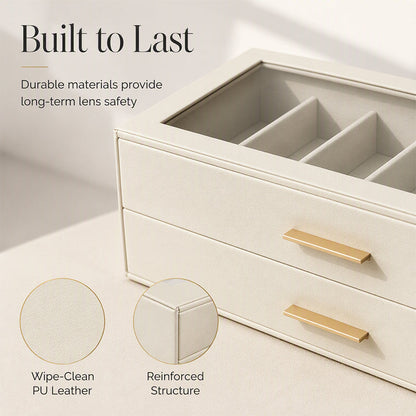 🕶️ 2-Tier Sunglasses Organizer Box with Transparent Glass Top – Display & Store 12 Glasses, PU Leather Eyewear Case with Lock, Dustproof for Home or Shop 🔒✨