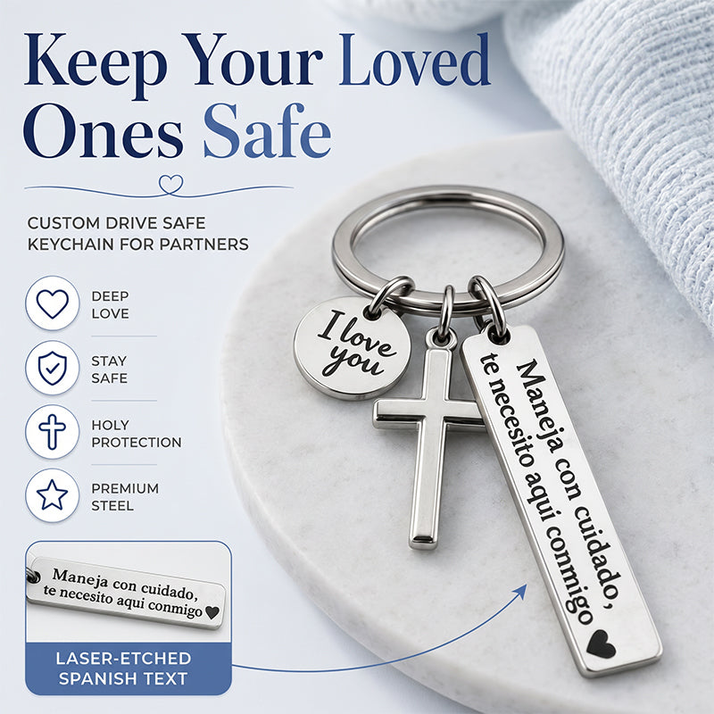 Stainless Steel Cross Keychain with Drive Safe