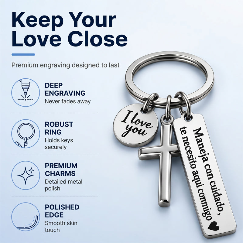 Stainless Steel Cross Keychain with Drive Safe