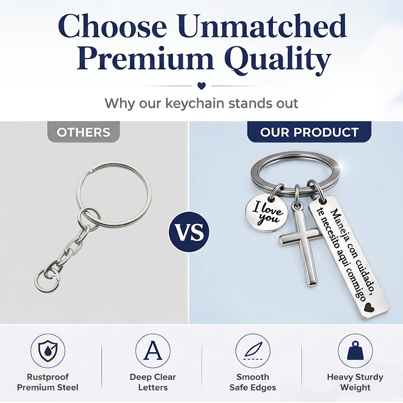 Stainless Steel Cross Keychain with Drive Safe