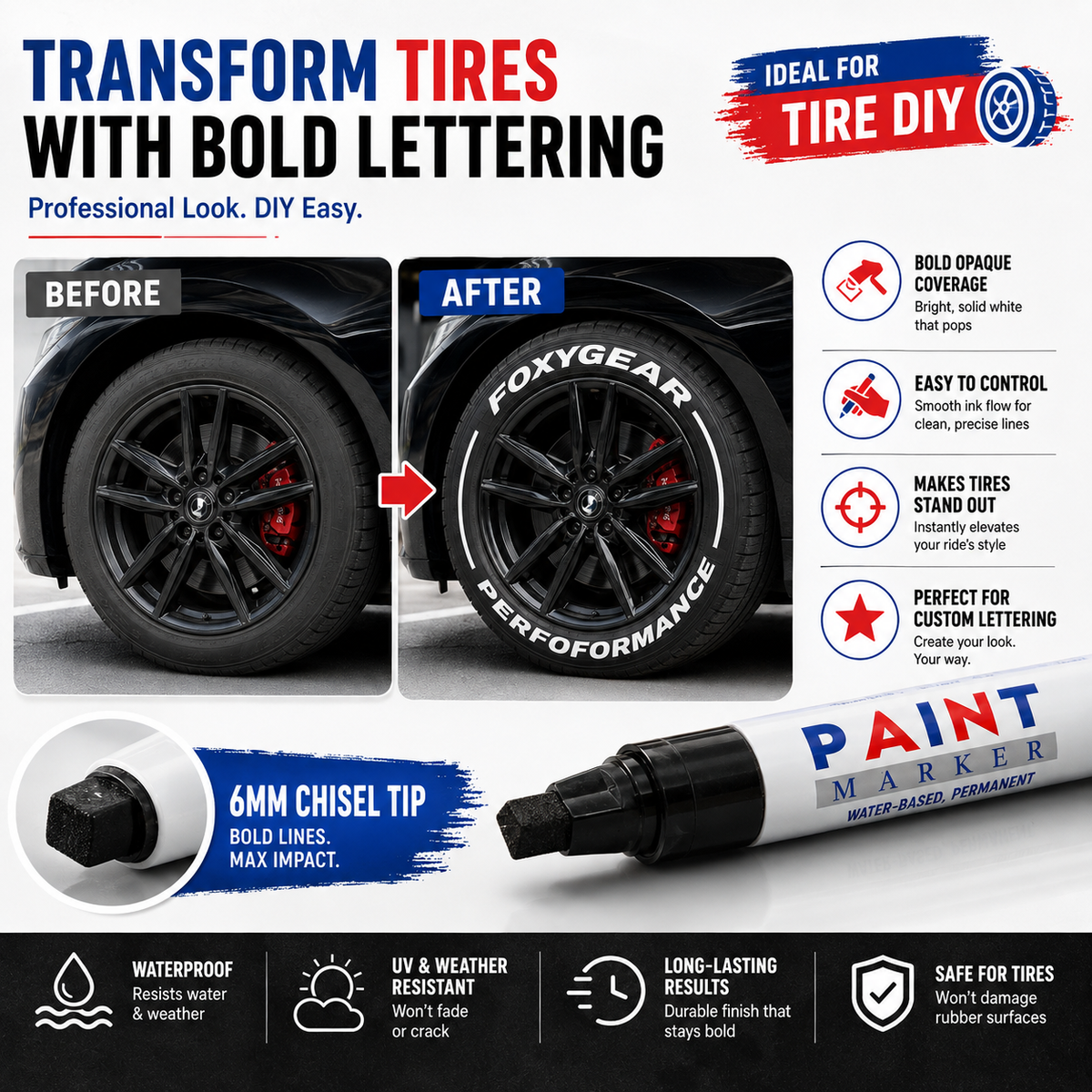 🎨12-Color Paint Marker Set – 6mm Chisel Tip for Custom Tire Lettering & DIY