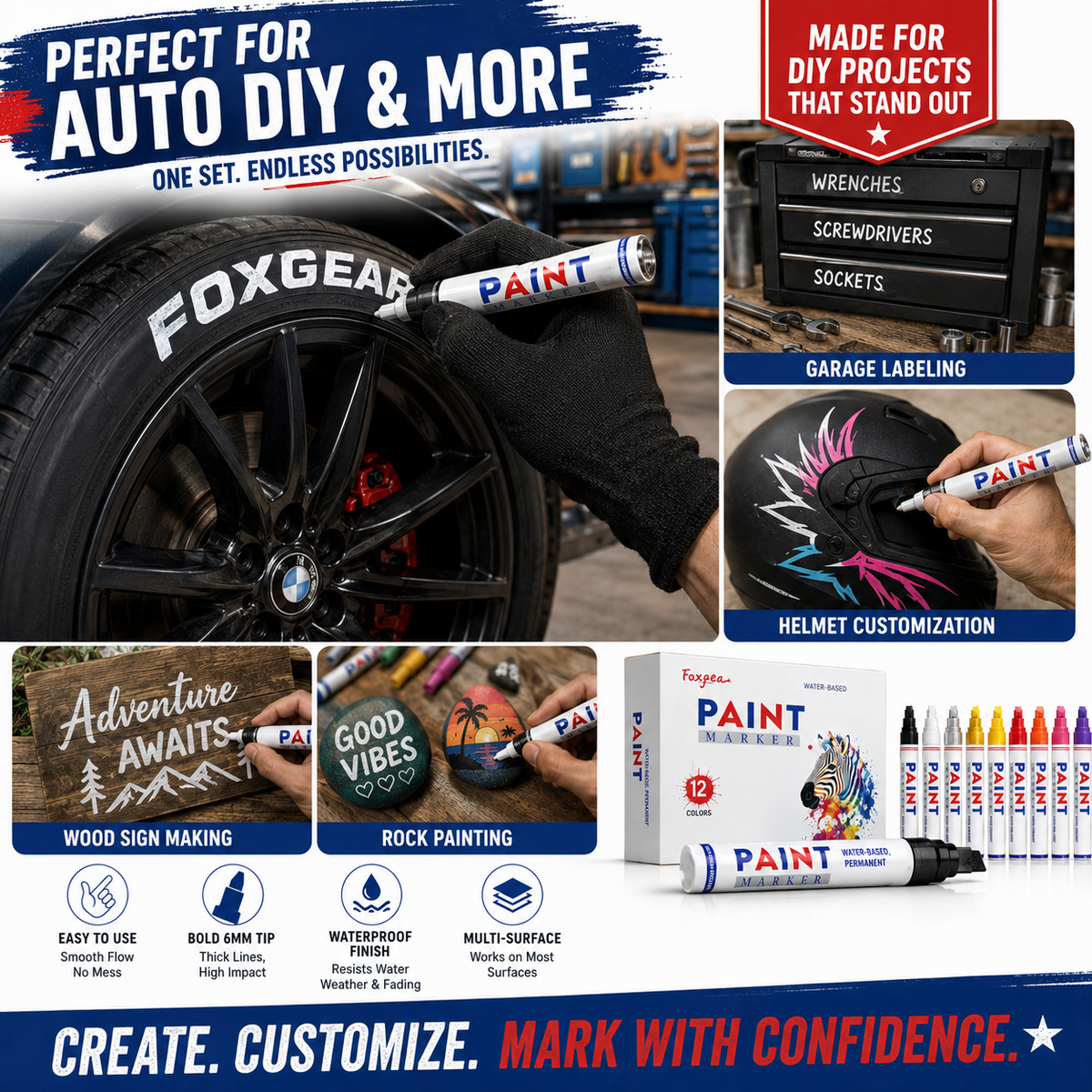 🎨12-Color Paint Marker Set – 6mm Chisel Tip for Custom Tire Lettering & DIY
