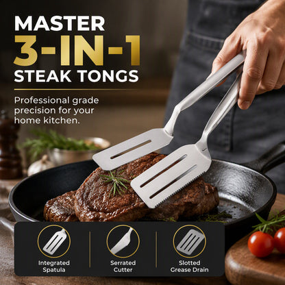 Stainless Steel Steak Tongs with Serrated Edge