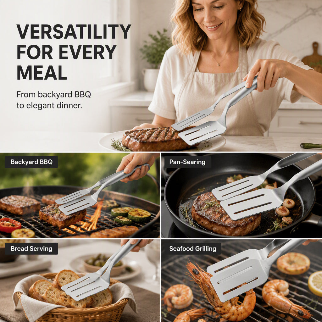 Stainless Steel Steak Tongs with Serrated Edge