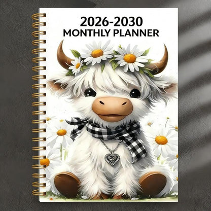 🐮 2026–2030 Monthly Planner ✨ Cute Highland Cow 5-Year Calendar | Large Monthly Blocks for Long-Term Planning