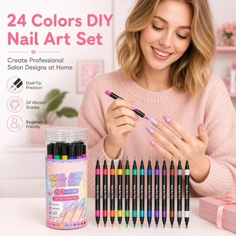 💅 LIMITED-TIME 50% OFF ✨ 24-Color Dual-Tip Nail Art Pens — Fine Tip & Brush Tip, Quick-Dry