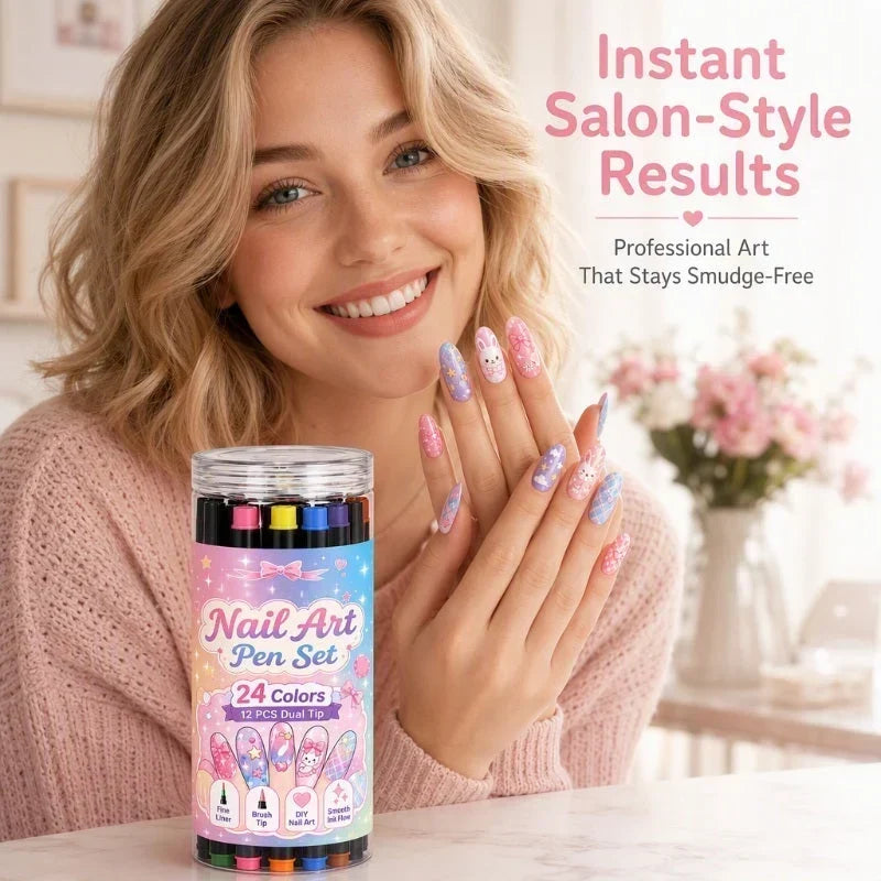 💅 LIMITED-TIME 50% OFF ✨ 24-Color Dual-Tip Nail Art Pens — Fine Tip & Brush Tip, Quick-Dry