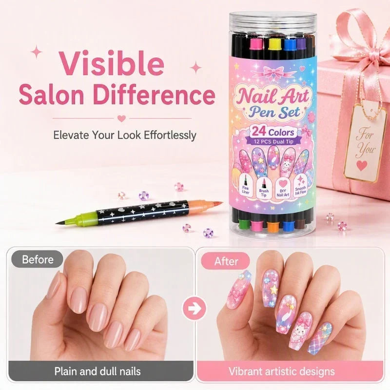 💅 LIMITED-TIME 50% OFF ✨ 24-Color Dual-Tip Nail Art Pens — Fine Tip & Brush Tip, Quick-Dry