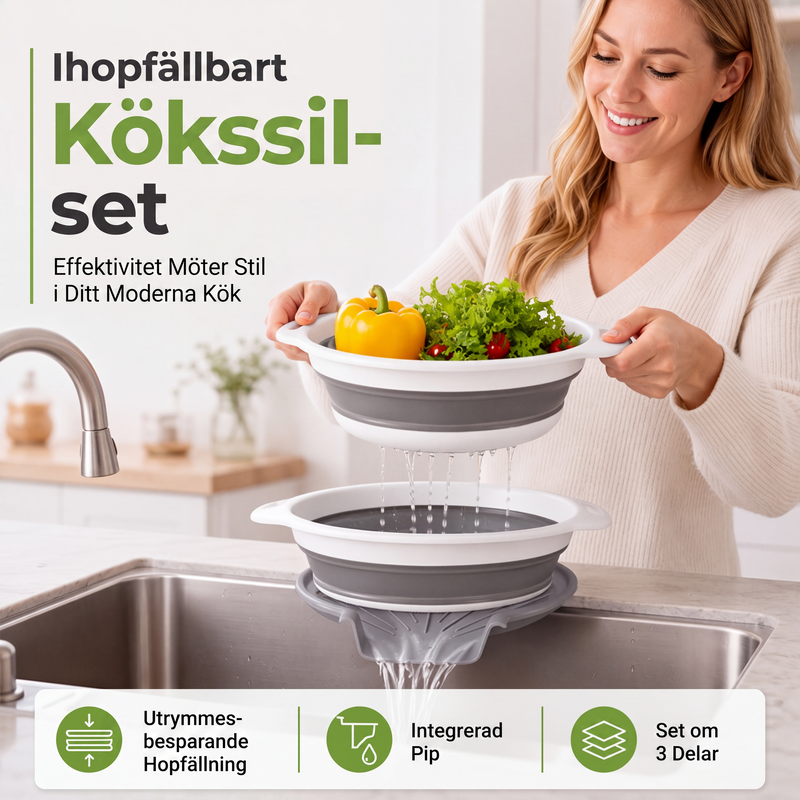 🥗 3-Piece Collapsible Colander Set with Draining Base – Space-Saving Kitchen Strainers for Fruits, Pasta & Vegetables