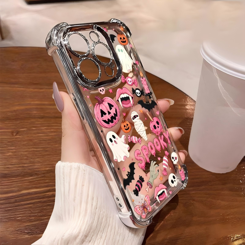 🎃 4-Corner Anti-Fall, Cute Candy Pumpkin Ghost Design, Transparent Non-Yellowing Shockproof Cover