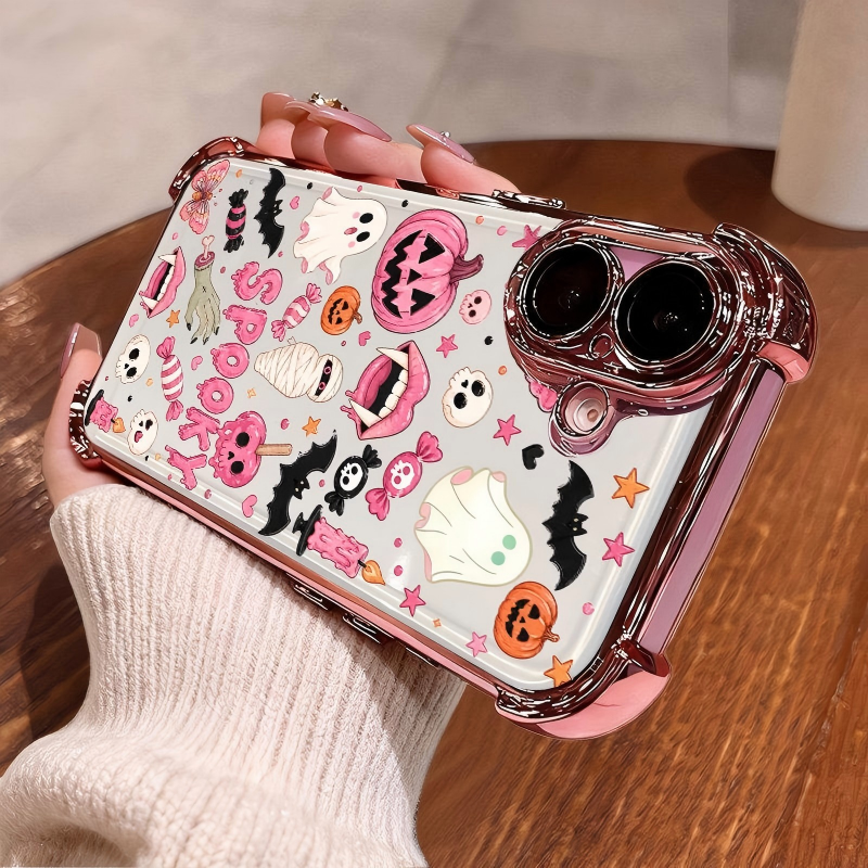 🎃 4-Corner Anti-Fall, Cute Candy Pumpkin Ghost Design, Transparent Non-Yellowing Shockproof Cover