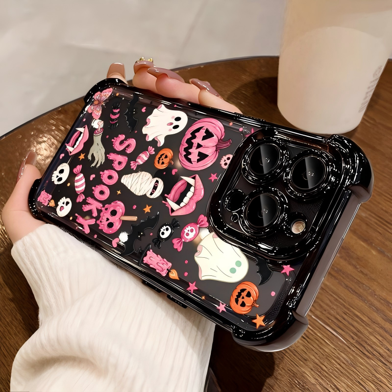 🎃 4-Corner Anti-Fall, Cute Candy Pumpkin Ghost Design, Transparent Non-Yellowing Shockproof Cover