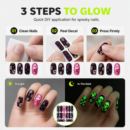 🎃💅 Glow-in-the-Dark Halloween Nail Wraps – Luminous Gel-Style Nail Stickers for Spooky Season