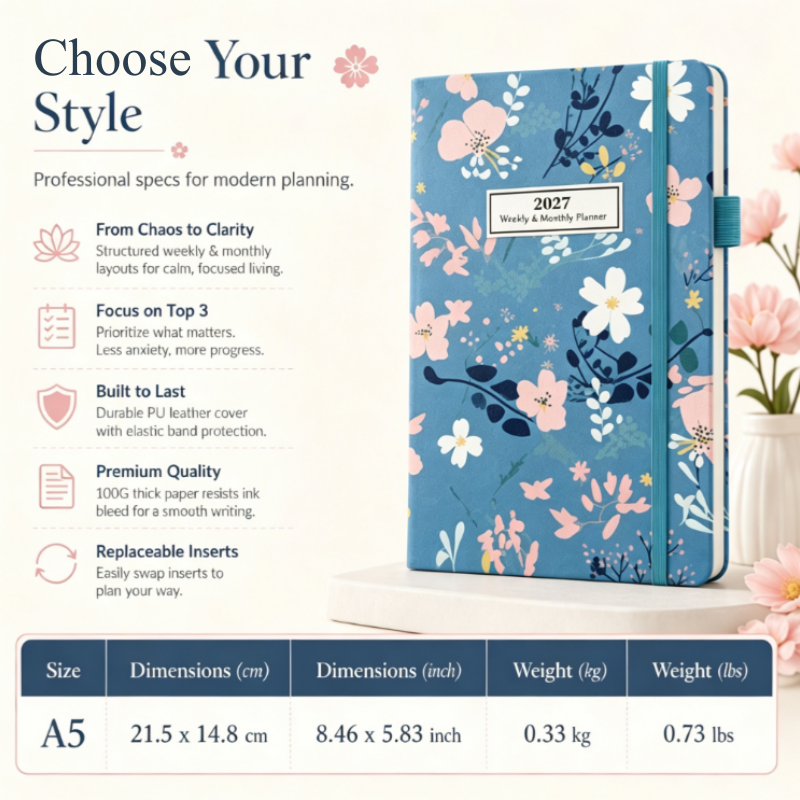 🌸📖 Elegant Floral 2027 Weekly Planner – A5 Organizer with Monthly Index Tabs & 100g Paper