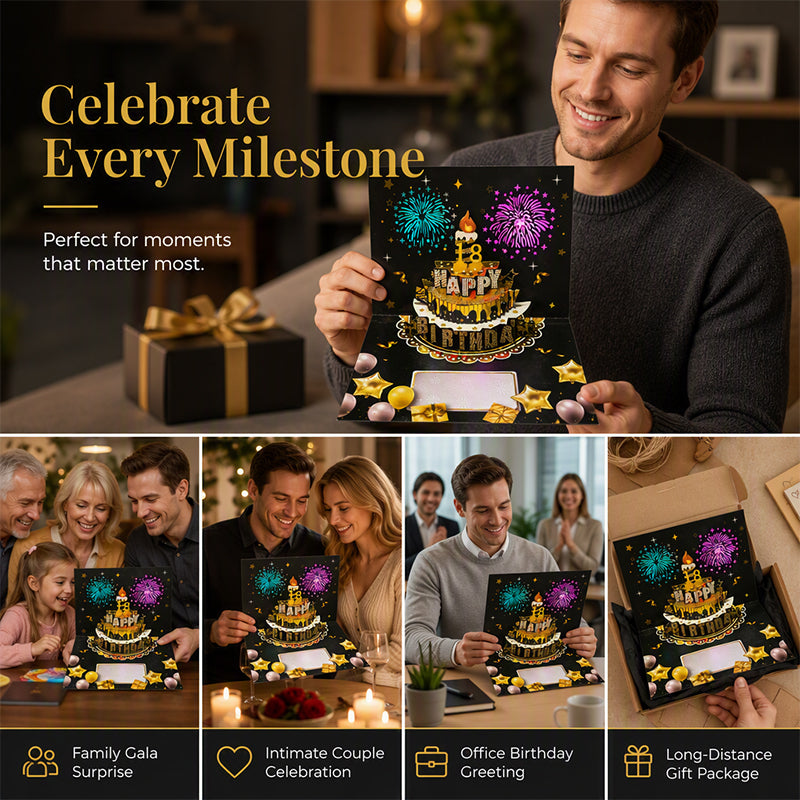 Birthday Cards With Fireworks & Pop Up Cake & Blow-able Music