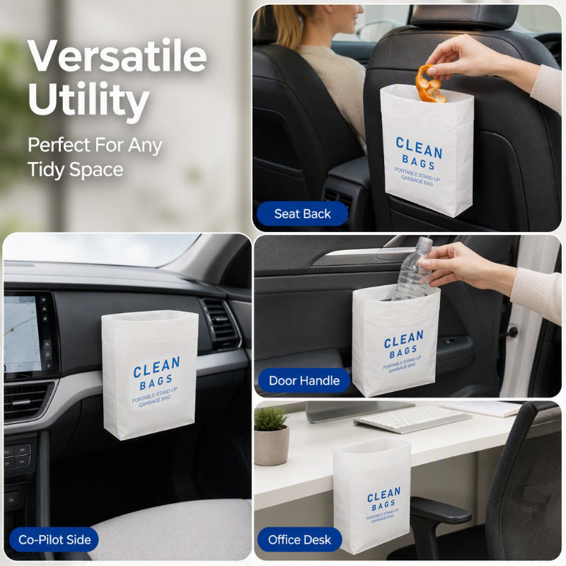 🔥Thickened Self Standing Adhesive Car Trash Bags Flat Mouth Disposable Garbage Cleaning Bags for Vehicle Desk and Kitchen