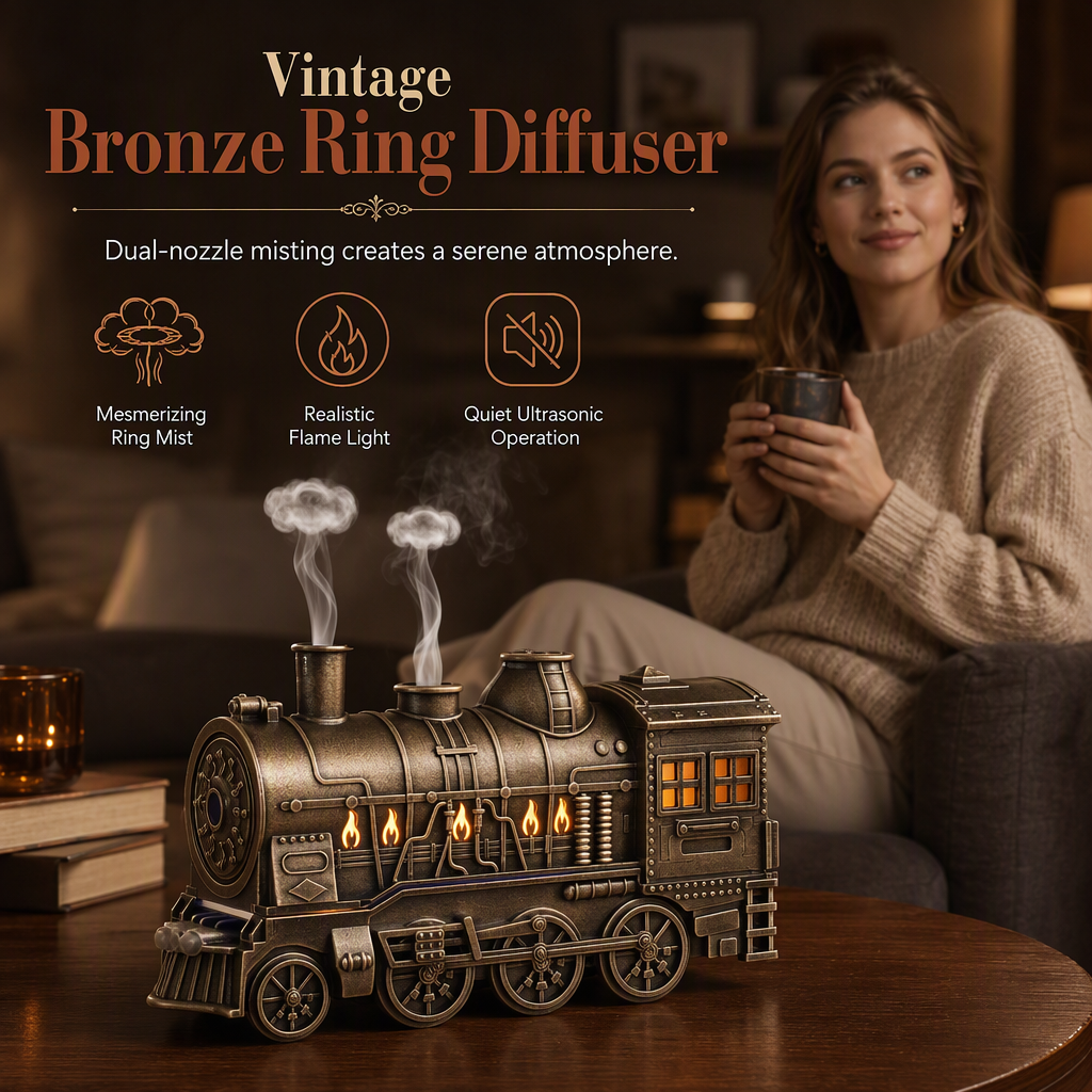 🚂 Vintage Train Diffuser – Mist Rings & Cozy Flame Light