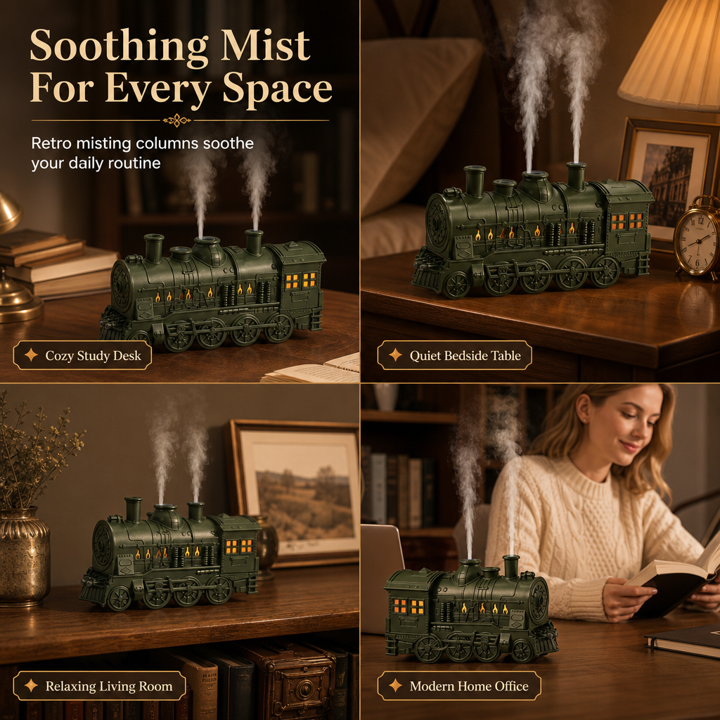 🚂 Vintage Train Diffuser – Mist Rings & Cozy Flame Light