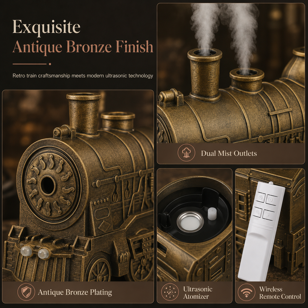 🚂 Vintage Train Diffuser – Mist Rings & Cozy Flame Light