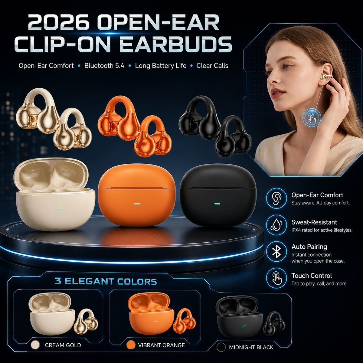 Open-Ear Clip-On Bluetooth 5.4 Earbuds | ENC Clear Calls, IPX4 Sweat-Resistant for Sports