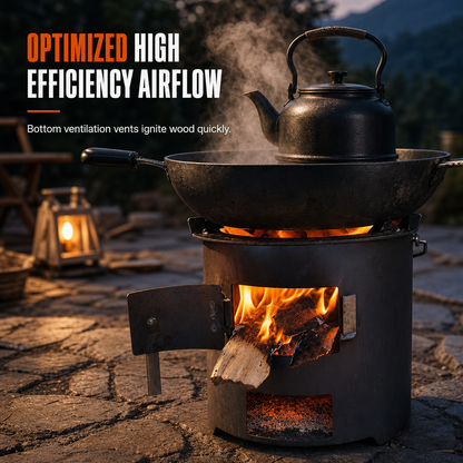 📢📢50% OFF !! ⏰🔥 Heavy-Duty Camping Stove: Carbon Steel, Wood & Charcoal, High-Draft Airflow, 3-in-1 Cook