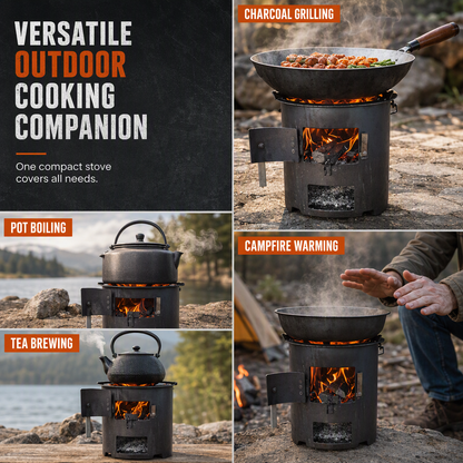 📢📢50% OFF !! ⏰🔥 Heavy-Duty Camping Stove: Carbon Steel, Wood & Charcoal, High-Draft Airflow, 3-in-1 Cook
