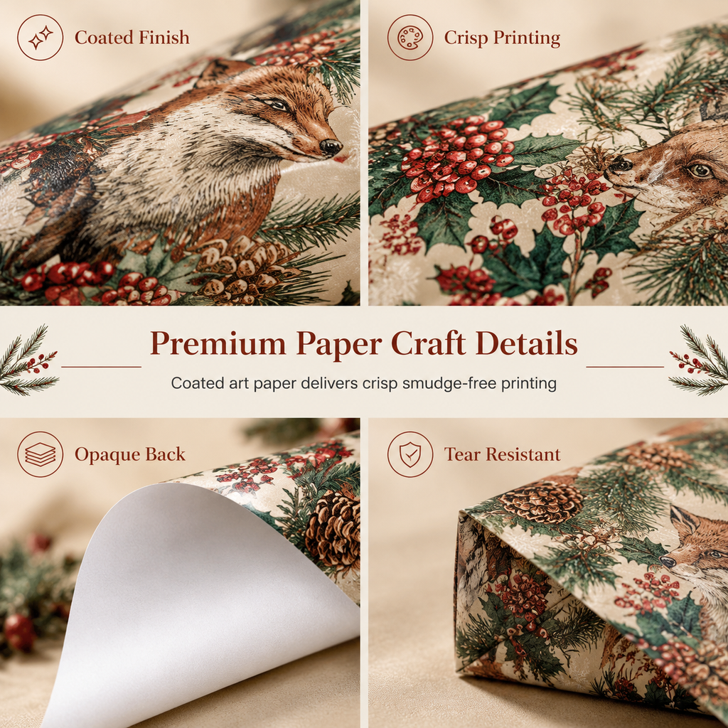 🎁 Woodland Gift Wrapping Paper – Festive Forest Prints on a 5-Meter Roll