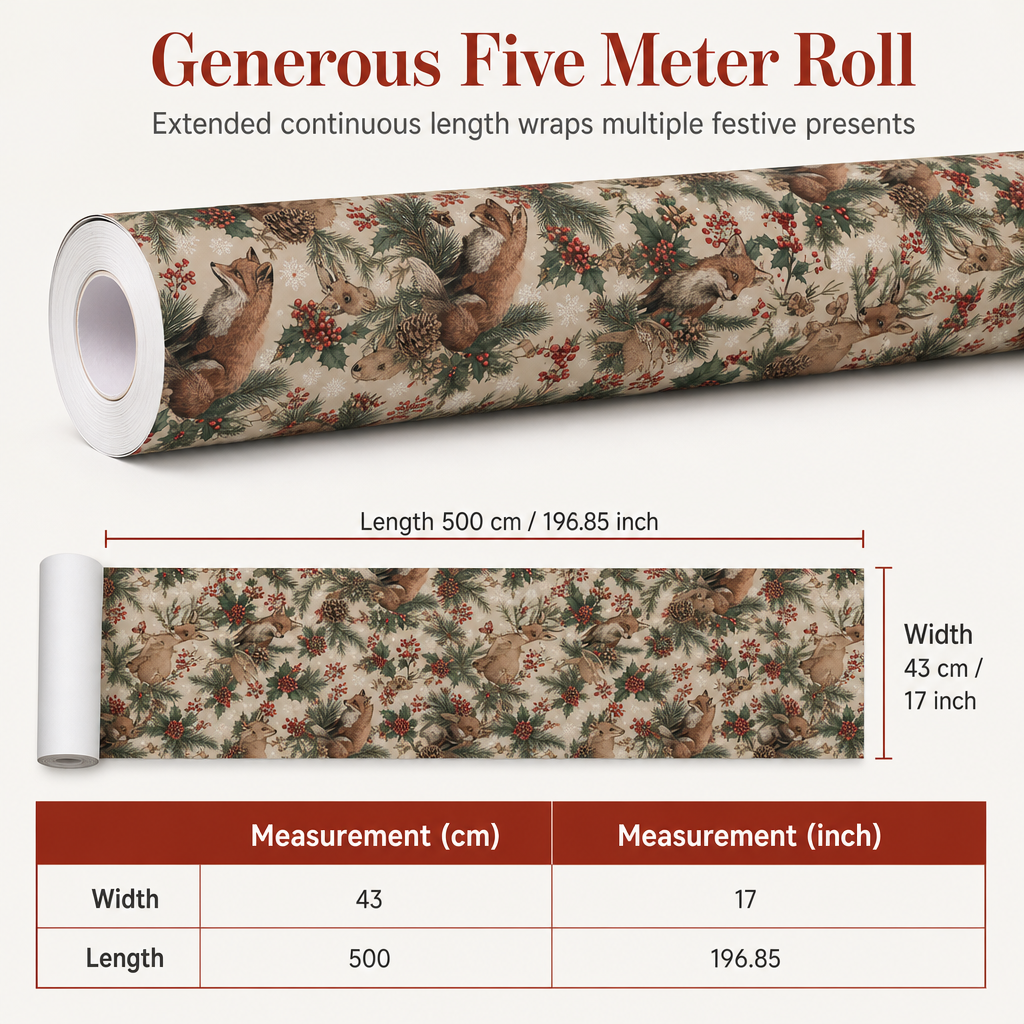 🎁 Woodland Gift Wrapping Paper – Festive Forest Prints on a 5-Meter Roll