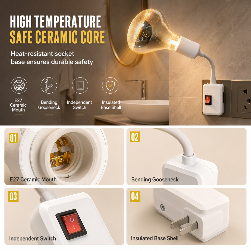Plug in Wall Mounted Bathroom Heat Lamp Socket with Switch High Temperature Resistant Universal Adjustable Lamp Holder