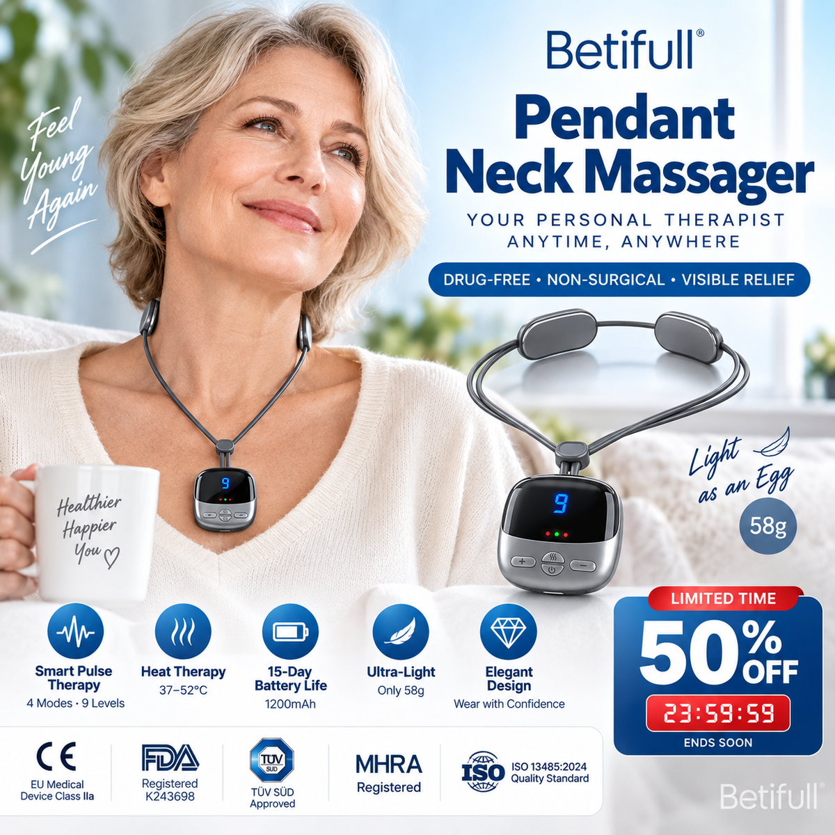 🥳2026 HOT SALE🥳💞50K+ SOLD! 🧘‍♀️💆 50% OFF! Pendant Neck Massager – wearable design, 3 heat levels & 9 intensities melt away stiffness. No more painkillers – gentle electrical pulses relax deep neck muscles naturally! 🔥💚
