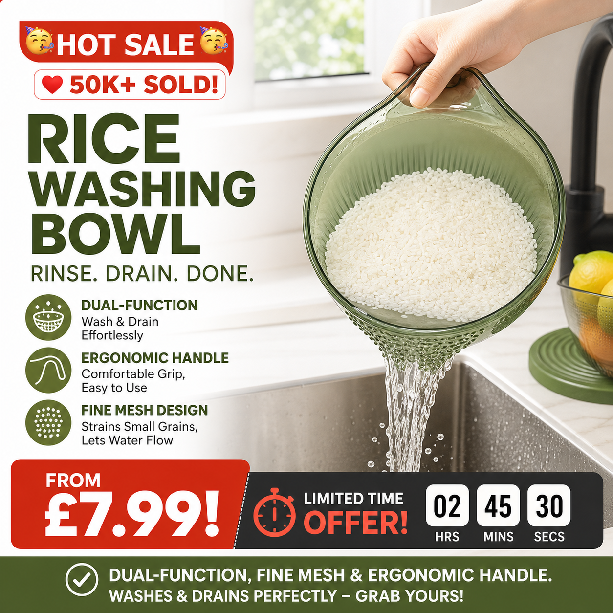 📢📢50% OFF & In Stock⏰ Wash Rice Without Losing a Grain – Fine Mesh Colander Bowl with Handle. UK Stock ✨
